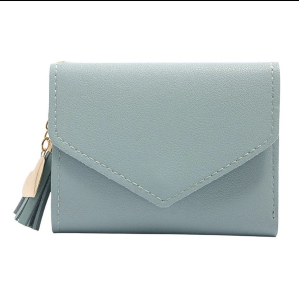 Tri-Fold Tassel Wallet Vegan Leather Aqua Blue Valentine's Day Heart